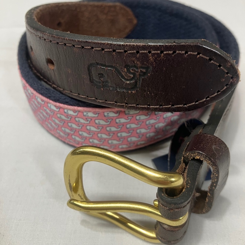Vineyard Vines Kids Pink Whale Logo‎ Canvas Leather Club Belt Navy Brown Size 24